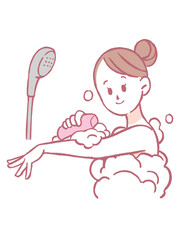 お風呂で体を洗う女性