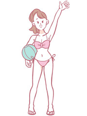 ボールを持つ水着の女性のイラスト