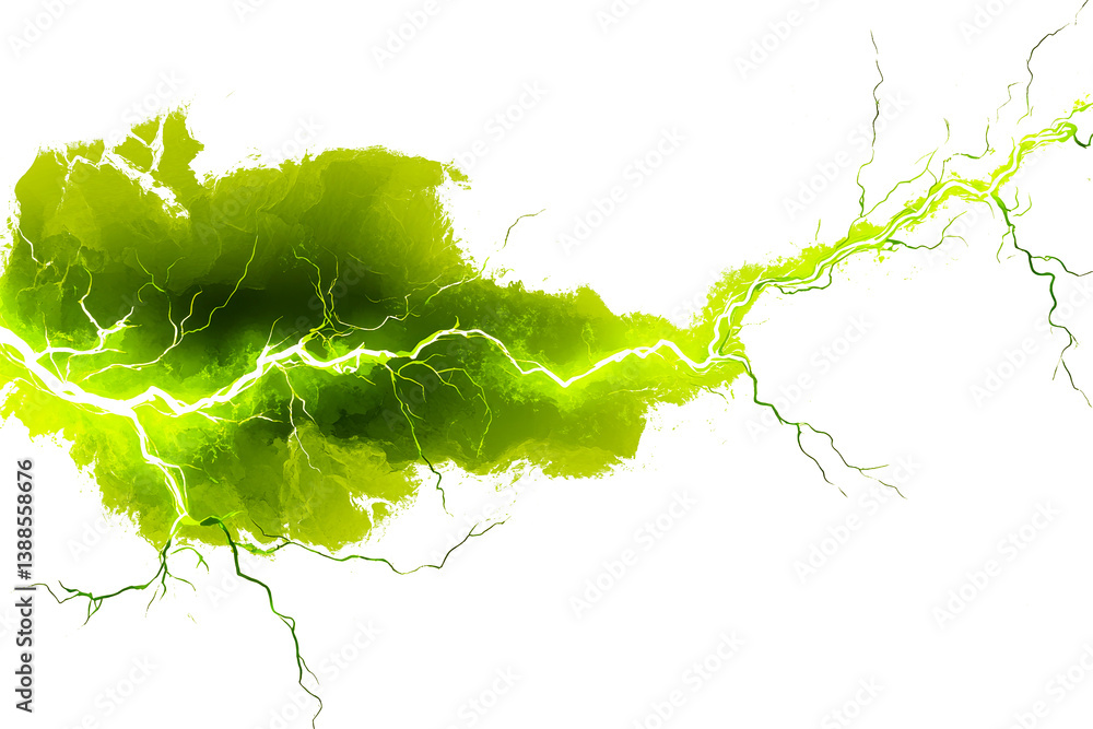 Poster a vibrant green lightning bolt striking through a cloud, creating a dynamic visual effect.