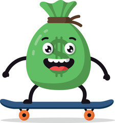 Fototapeta premium Happy green money bag skating on a blue skateboard in a playful flat vector illustration