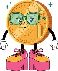 Fototapeta premium A cheerful coin character wearing oversized glasses and colorful shoes in a playful flat vector illustration