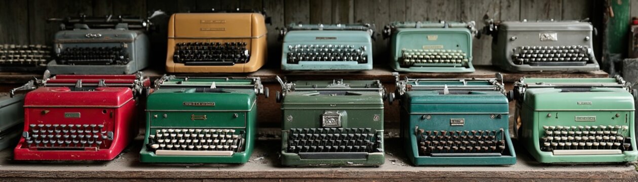 Rows of old typewriters and adding machines in a cluttered antique shop - equipment calculator collection metal office