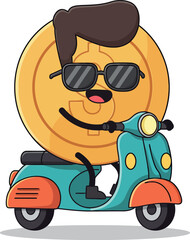 Naklejka premium A cheerful cartoon coin character riding a colorful scooter in a playful and minimal vector illustration