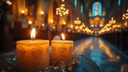 Interior view of church with burning candles and blurred rows of seating, stained glass
