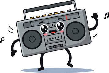 Cheerful boombox with arms and legs dancing joyfully in a flat vector illustration