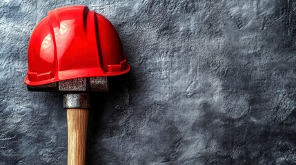 Gray concrete background showcases red helmet and hammer from a top view, with copy space to convey the International Workers' Day spirit in designs.