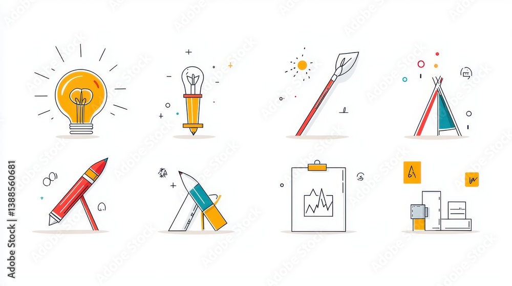Poster a set of colorful and minimalist icons representing various concepts related to innovation creativit