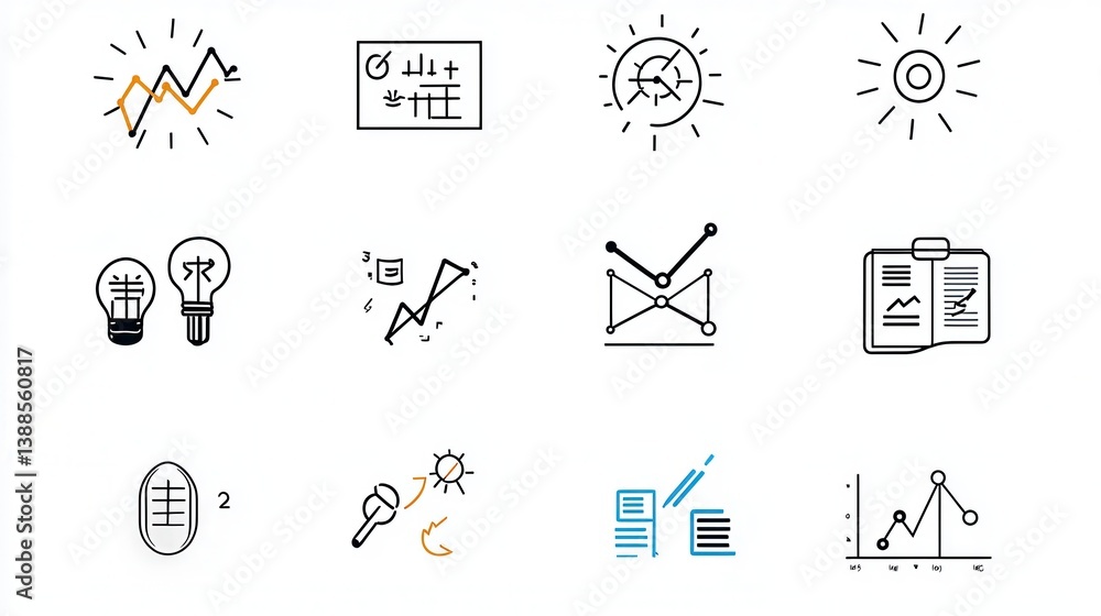 Poster a collection of icons representing the journey of growth problem solving and achieving success throu