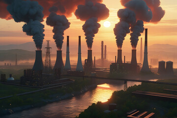 Environmental pollution, hazardous and harmful waste, toxic fumes, soil,Environmental pollution from the plant,Factory Smoke and Industrial Emissions,ndustrial complex at sunset emitting heavy smoke .