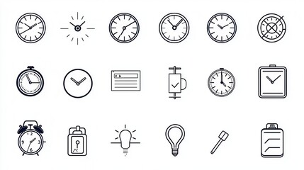 A diverse set of minimalist icons representing different time related tools and concepts such as clocks watches timers alarms and scheduling