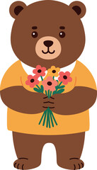 Cute brown bear character in a yellow shirt holding colorful flowers in a cheerful flat vector illustration
