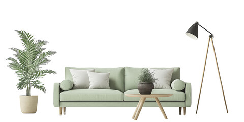 A modern living room setup featuring a sofa, table, lamp, and plants for a cozy atmosphere.