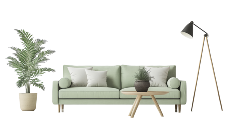 A modern living room setup featuring a sofa, table, lamp, and plants for a cozy atmosphere.