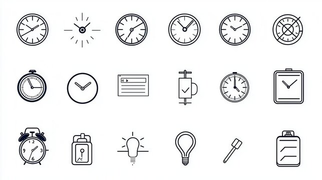 A diverse set of minimalist icons representing different time related tools and concepts such as clocks watches timers alarms and scheduling
