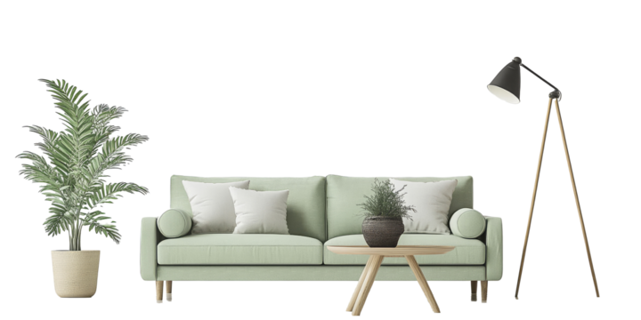 A modern living room setup featuring a sofa, table, lamp, and plants for a cozy atmosphere.