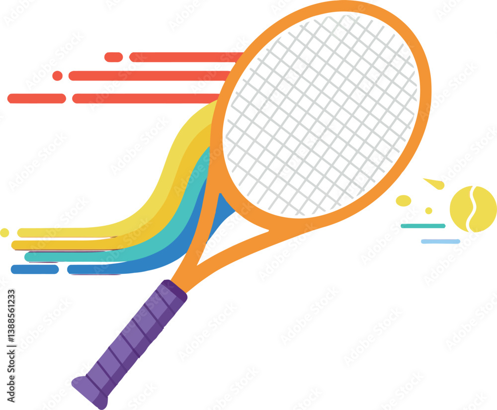 Poster dynamic tennis racket with colorful motion lines in flat vector art