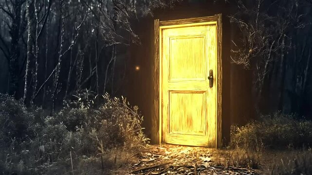 Glowing door in dark forest; night mystery, hope