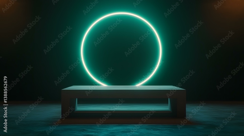 Poster a dark teal room features a low, rectangular platform with a recessed shelf, illuminated by a bright
