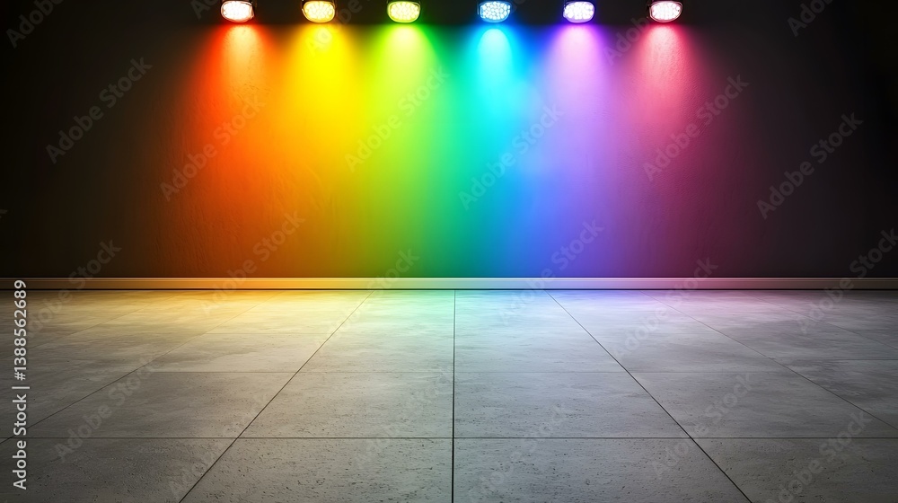 Poster a grey tiled floor is illuminated by five spotlights casting a rainbow spectrum of color onto a wall
