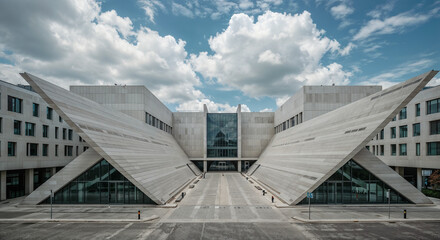 Obraz premium Striking Modern Architecture Symmetrical Design Cloudy Sky