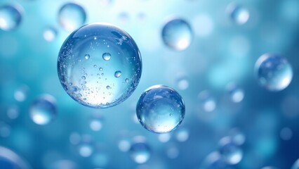 Floating Water Drops On Blue Background