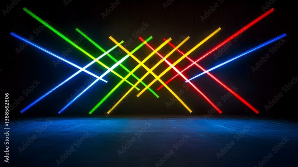 Poster vibrant, multicolored neon light streaks intersect dynamically against a dark background, creating a