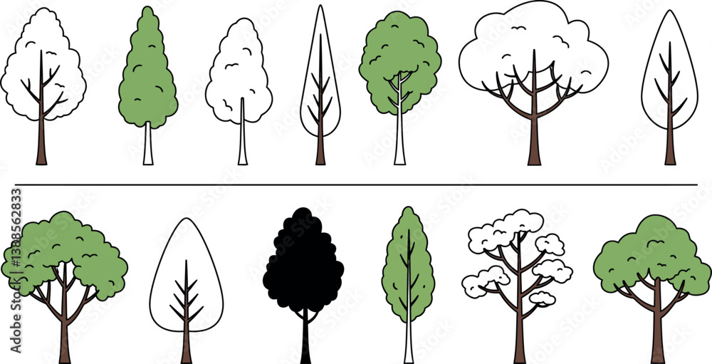 Aufkleber various tree designs in minimal style showcasing diverse shapes and colors in vector art