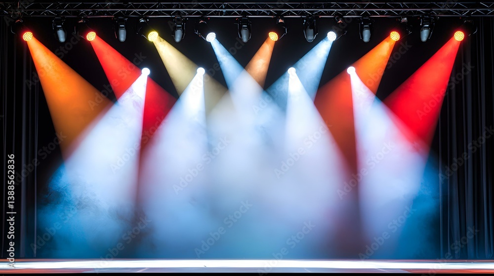 Poster an empty stage is illuminated by multiple spotlights casting red, white, and amber beams, creating a
