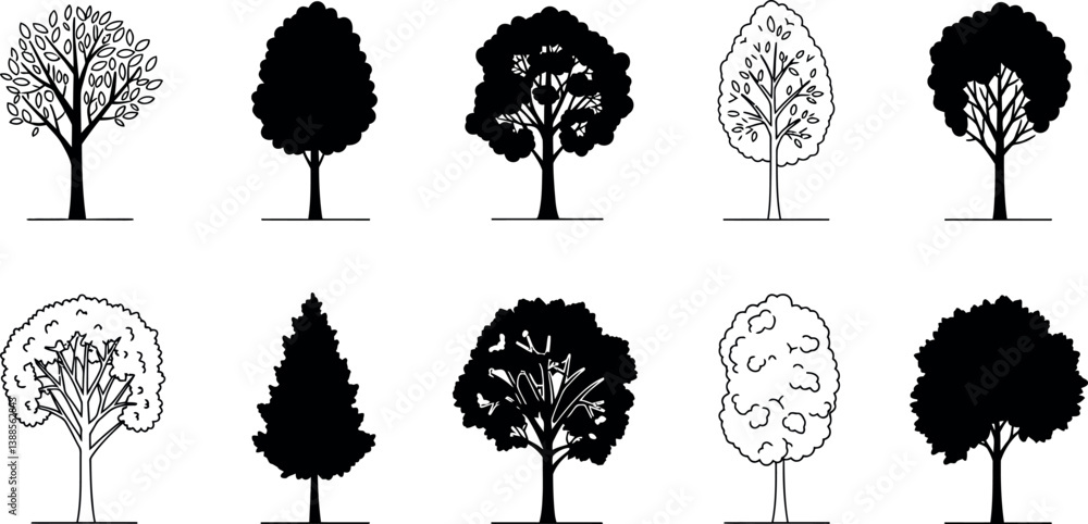 Poster a collection of various tree silhouettes in a flat design style showcasing different shapes and size