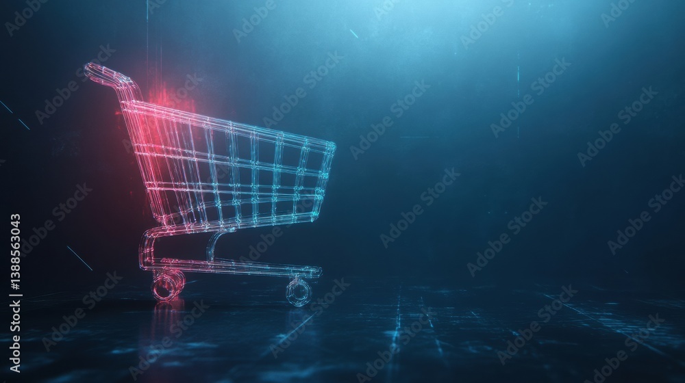 Poster Minimalistic design showcases a glowing shopping cart icon over a deep blue gradient background, emphasizing futuristic e-commerce concepts and technology