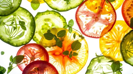 Backlit vegetable slices isolated on white background. Transparent food composition.