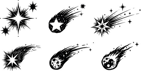 Fototapeta premium Various shooting stars with trails and bursts in a minimalistic design style vector art