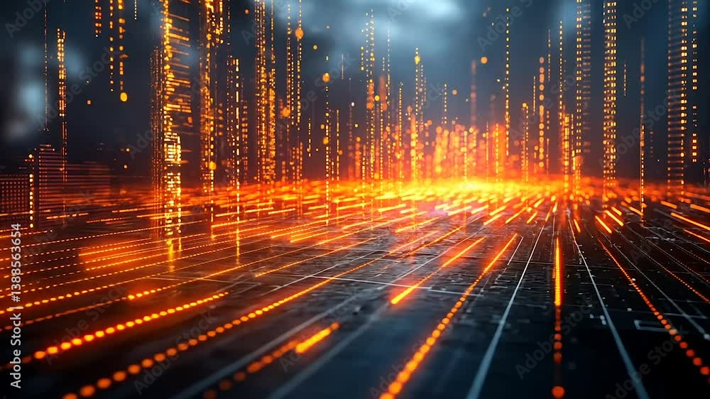 Poster glowing digital cityscape with orange lines converging towards viewer