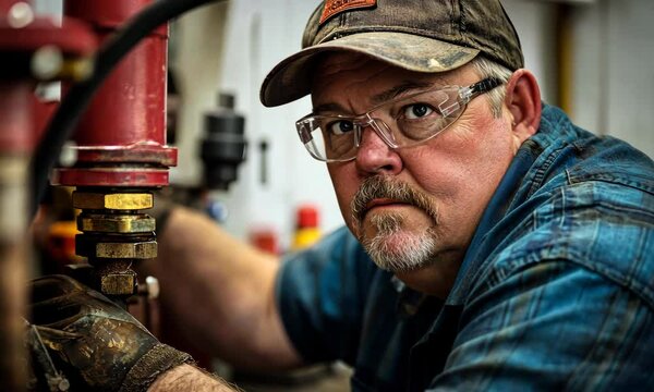 Focused Worker in Safety Gear Engaged in Maintenance Task with Tools in an Industrial Setting