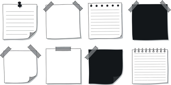 Various styles of sticky notes with tape in flat design vector art