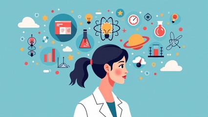 Woman Scientist Surrounded By Scientific Icons