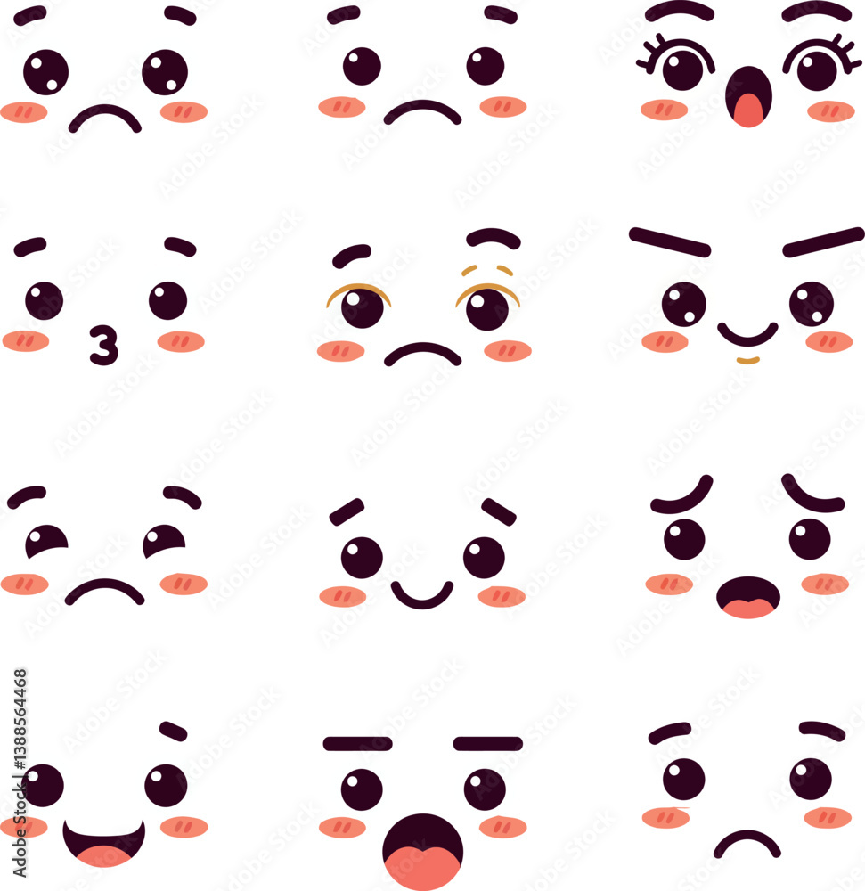 Poster a collection of expressive cartoon faces showing various emotions in a flat and colorful design vect