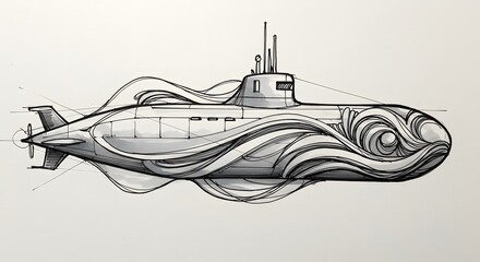 Submarine Sketch with Artistic Wave Design and Detailed Lines