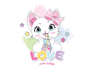 cute kitten surrounded by stars. Design to print on shirt, poster, dedications, birthday