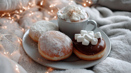 White ceramic mug of hot chocolate topped with whipped cream and marshmallows next to three donuts on white plate with fairy lights and fuzzy blanket in background