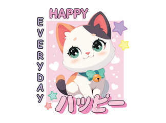 Vector illustration. Cute kitten on pink background surrounded by stars and hearts. Design for printing on shirt, poster, banner, Lovely print for t-shirt.