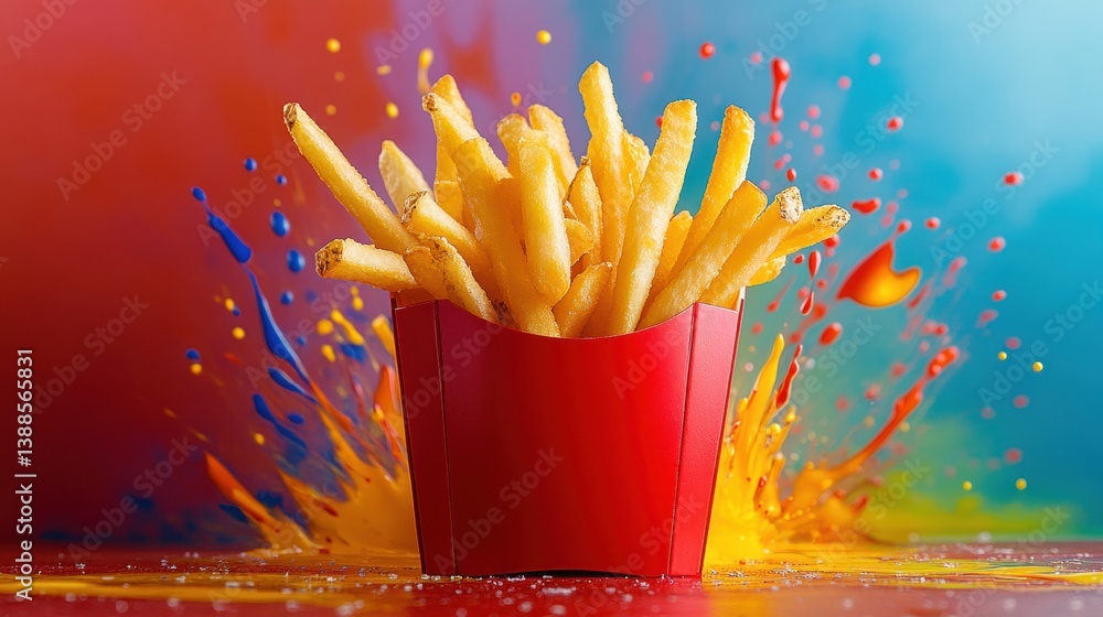 Aufkleber Golden crispy french fries in a vibrant container against a backdrop of colorful splashes creating a lively and energetic atmosphere