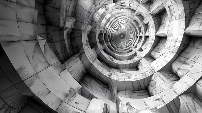 Abstract grayscale image of square recessed panels with concentric geometric patterns. Sunken Cosmos. Illustration