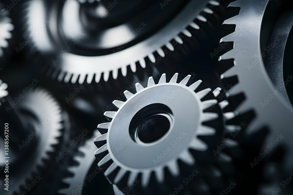 Poster close-up of metallic gears showcasing intricate design and precision engineering, essential componen