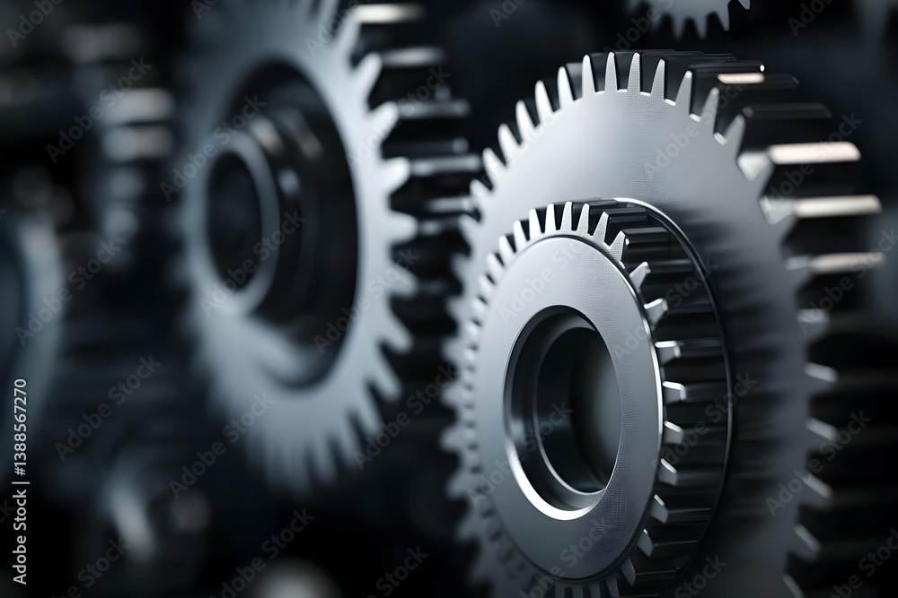 Poster close-up of shiny, interlocking gears showcasing precision engineering and mechanical components in 