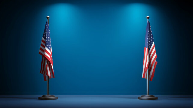 Two American flags on stands against solid blue background with spotlights creating shadows, empty space between flags