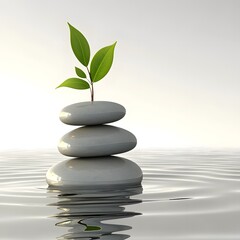 Obraz premium Serene Zen Stones with Sprout: Tranquil Water Reflection