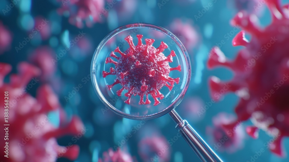 Poster scientist examines virus structure closely using a magnifying glass in state-of-the-art laboratory s