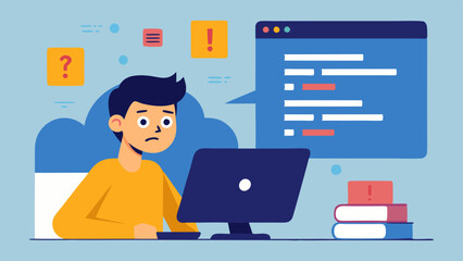 Debugging Process A developer looking intently at a computer screen filled with error messages attaching notes with solutions representing the debugging phase of chatbot