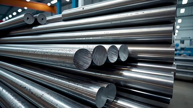 Large stacked steel rods in metallic warehouse with cold industrial lighting, 4k loop